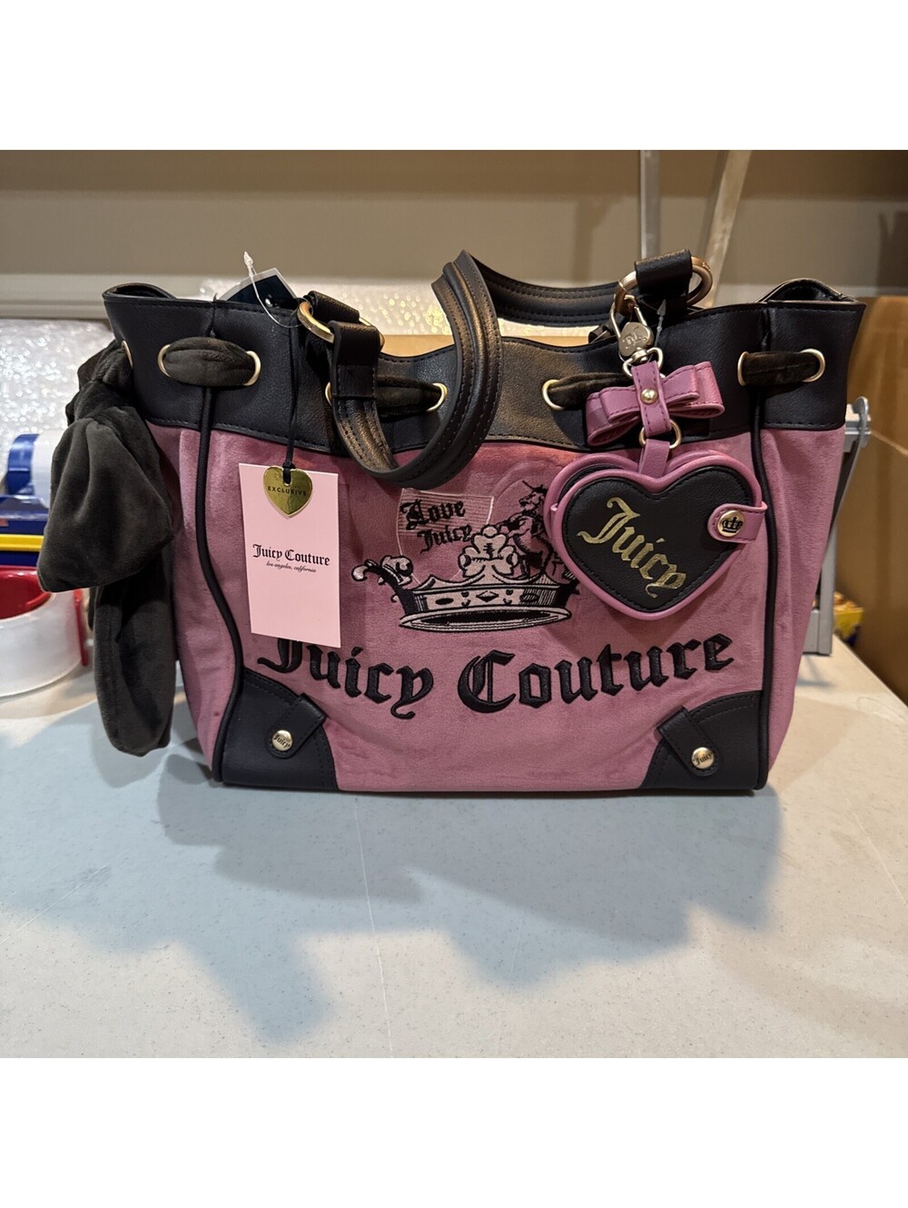 Juicy Couture Chateau Rose Crown Velour Tote w Brown Bow Heart Charm Mirror NWT
